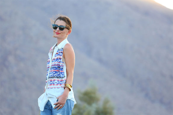 woman karen kane aztec top and wearing pants for Distressed in the Desert