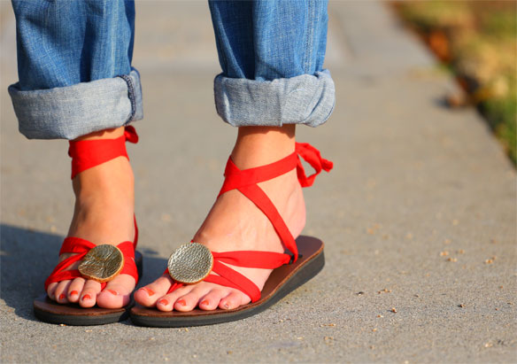 closer look of sseko sandals in red 