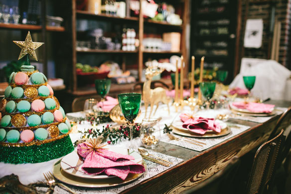Dazzling Holiday Tabletop with gold-rimmed wine glasses