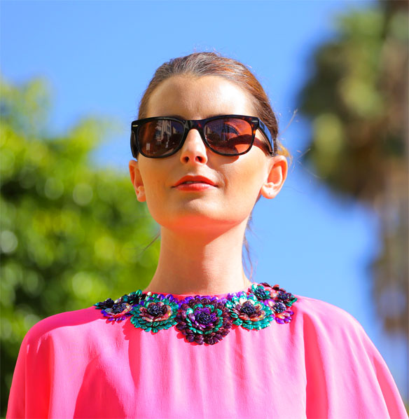 woman in pink dress, sunglasses and   Embellished Collars