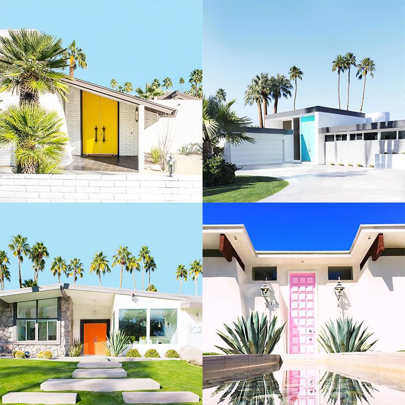 collage of colored doors and pink door palm springs 