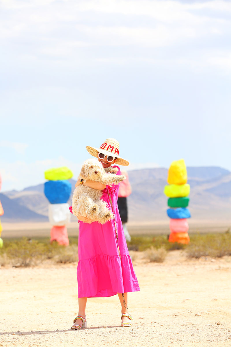 woman wearing pink dress and carrying her dog in Seven Magic Mountains