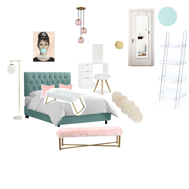 collage of bed, chair, and other bedroom items for One Room Challenge