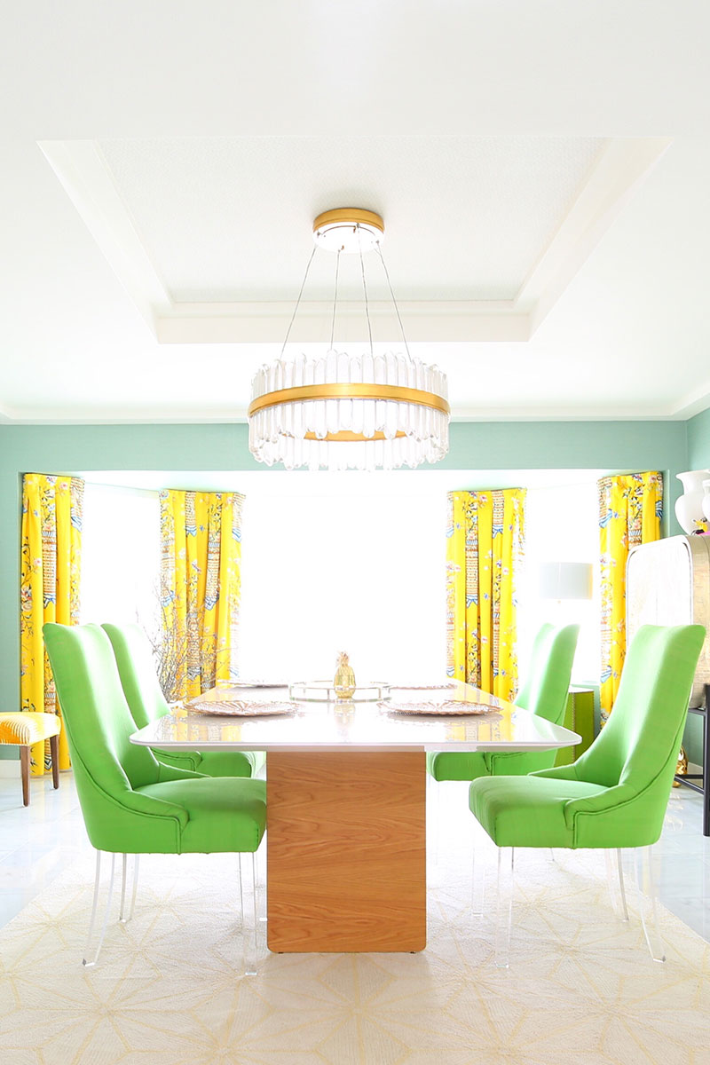 dining table, four neon green chairs, and yellow curtain for Home Decor Updates