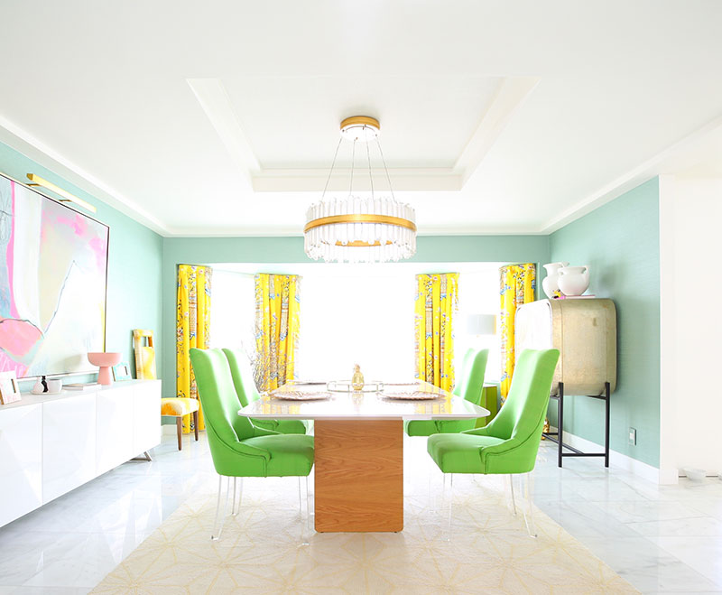 dining table, four neon green chairs, and yellow curtain for Home Decor Updates