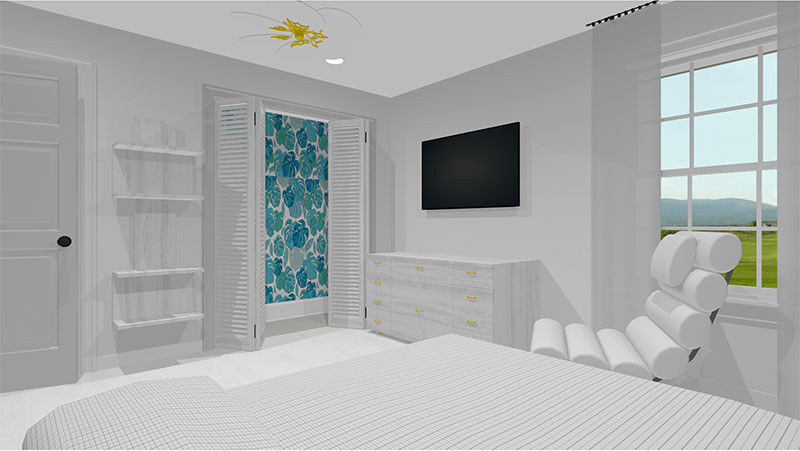 3d rendering of a bedroom with television and furniture 