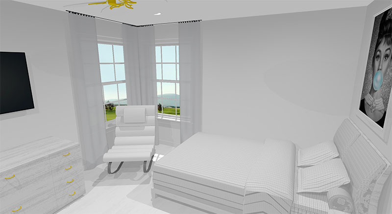 3d rendering of a bedroom with window, bed, and chair 