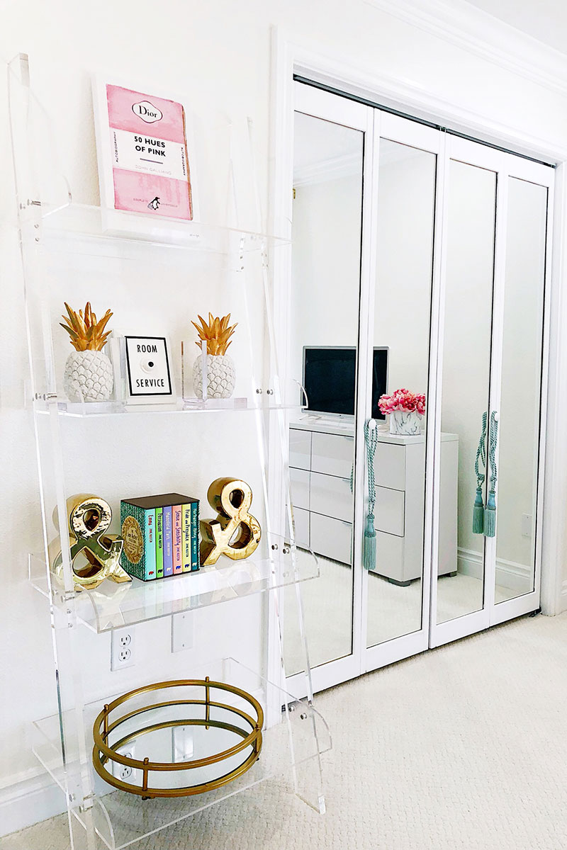 one room challenge week 5 with acrylic divider and mirrors on cabinets