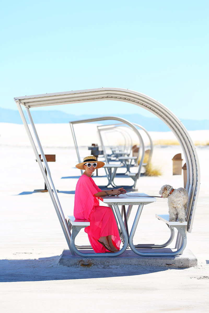 woman in pink caftan in White Sands National Park