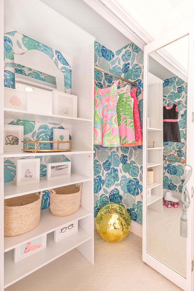 Tween Girl closet with blue leaf wall paint