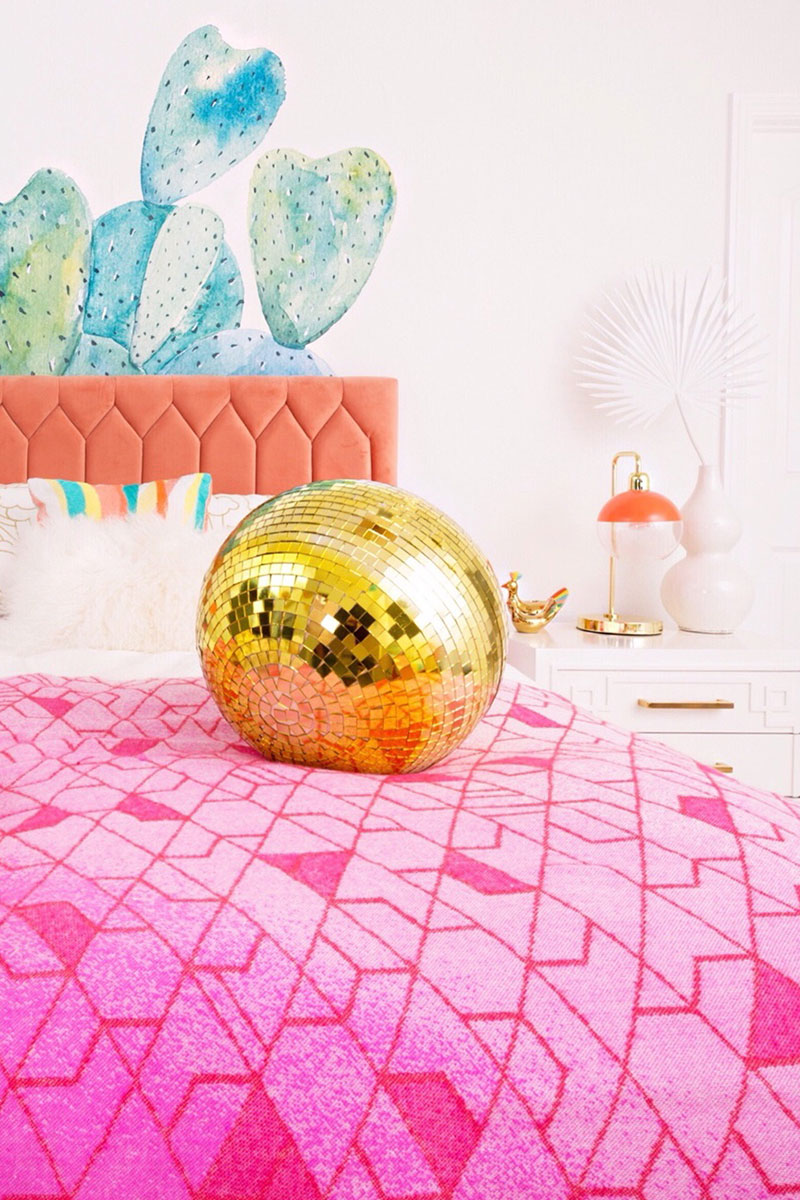 kids room makeover minted murals pink sheet, and gold disco ball