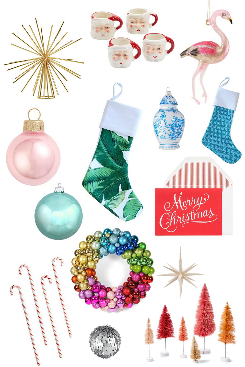 collage of Palm Springs-Inspired Christmas Decorating Style: Banana leaf Christmas stockings, bubblegum pink ornaments, gold sputnik tree topper, ginger jar Christmas ornament, tropical leaf Christmas stocking.