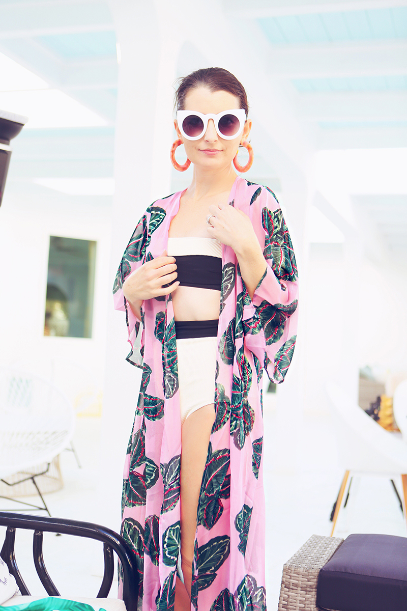 woman wearing sunglasses, kimono, and Bikini for People who doesn't like wearing swimsuit, 