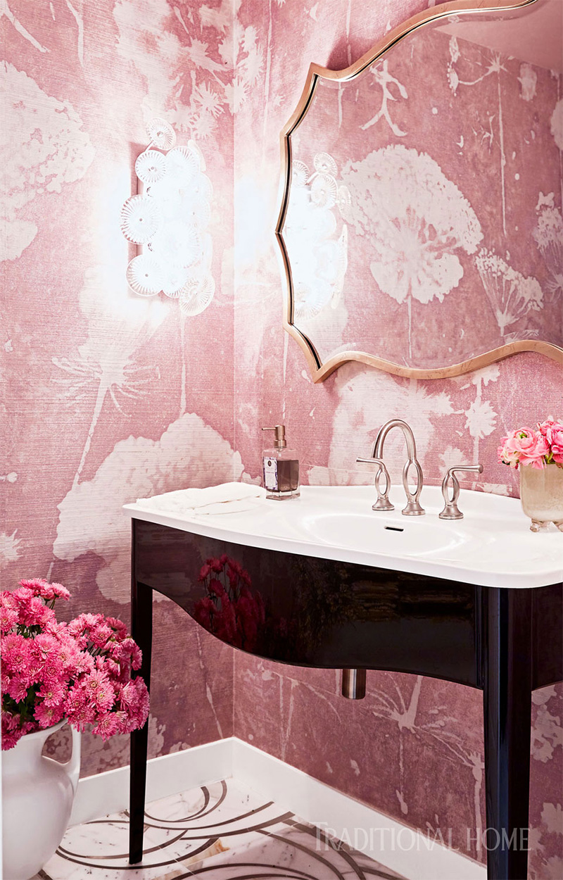 pink powder rool with black sink for traditional home magazine