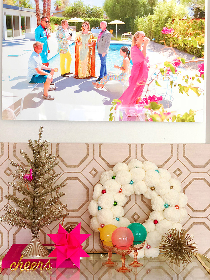 images with people on the poolside and small christmas decorations