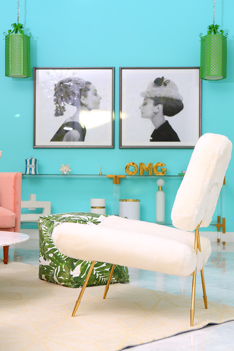 white Jonathan Adler Chairs chairs, two framed photos, and two green lanterns