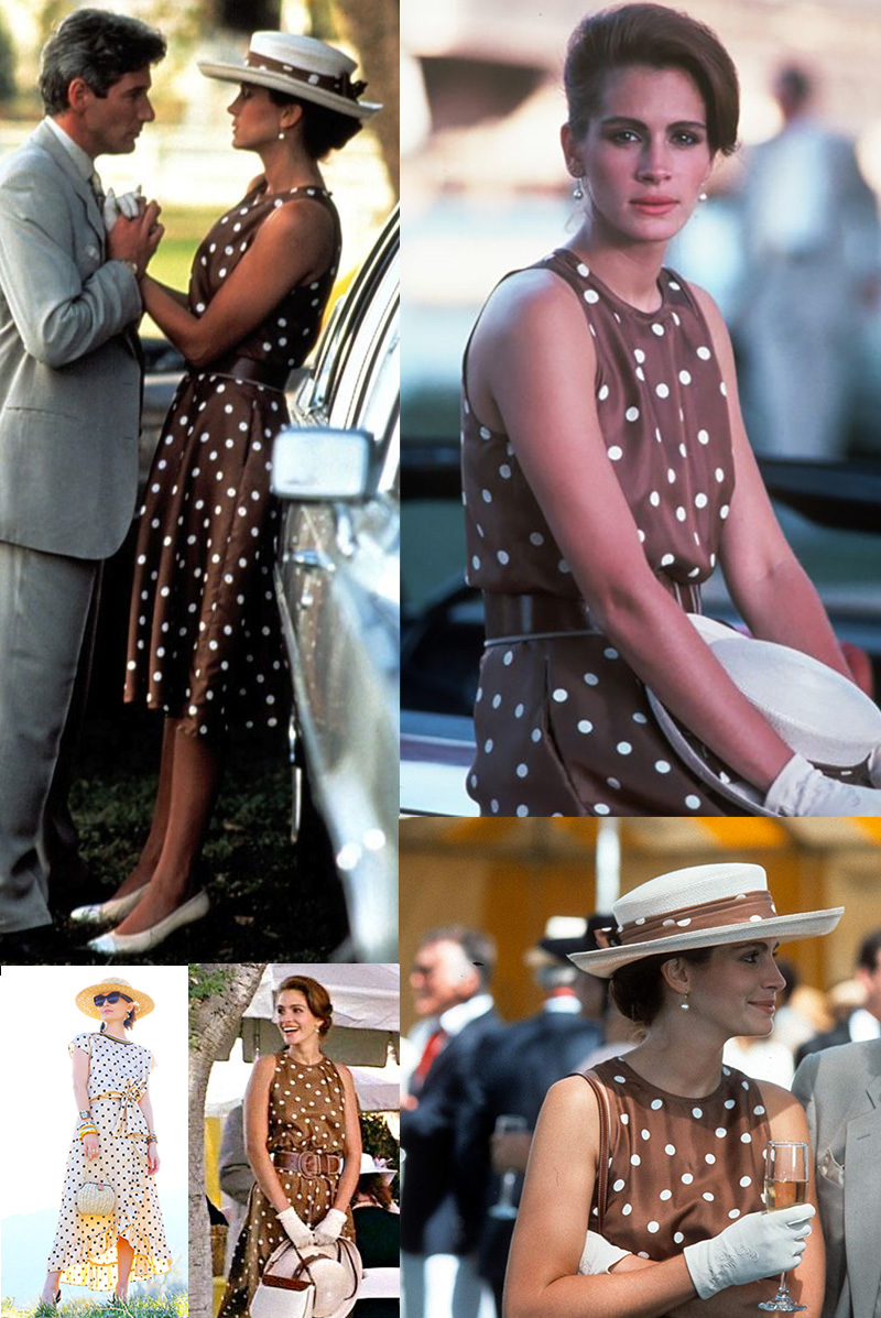 collage of pretty woman screenshots wearing polka dot dress