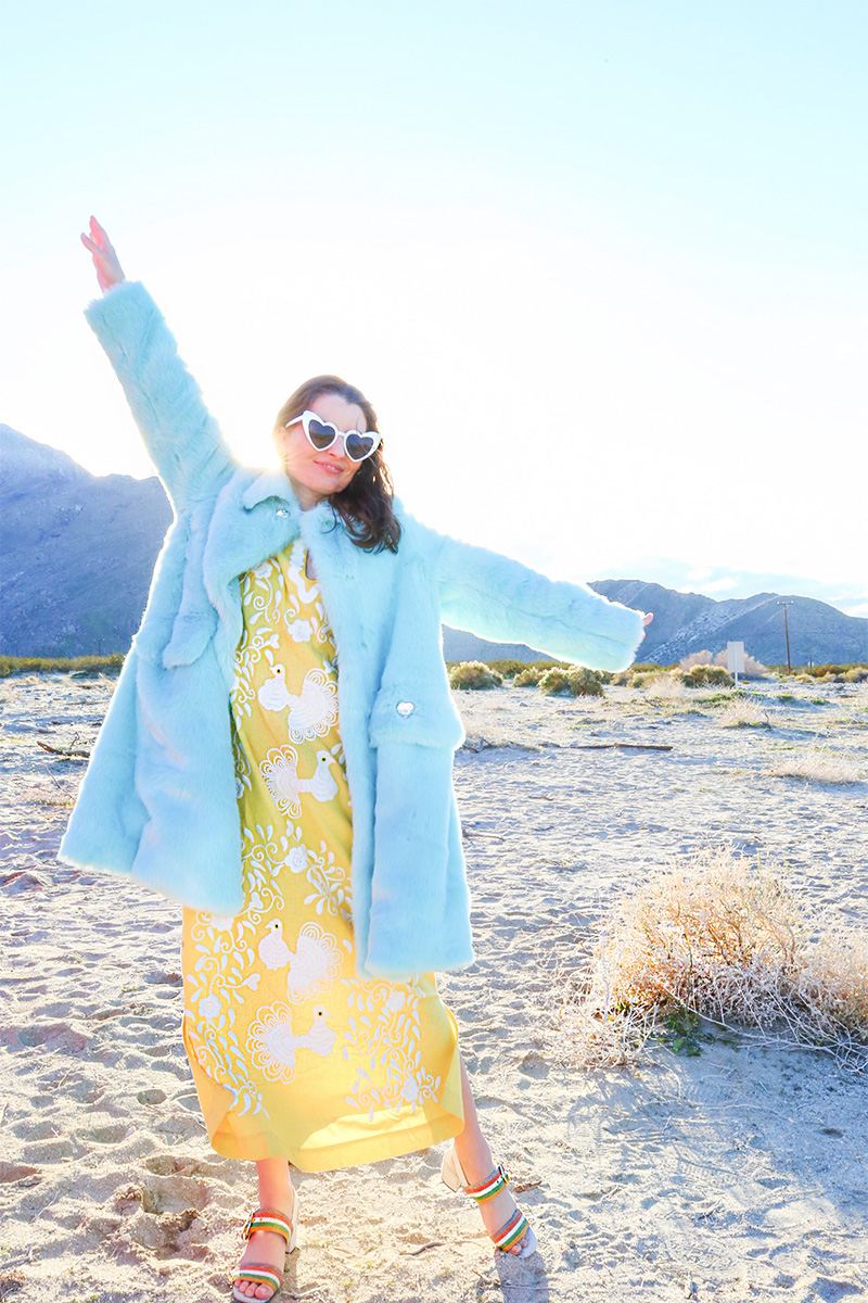 A Colorful Adventure to Desert X | Blue Faux Fur Coat | Kelly Golightly