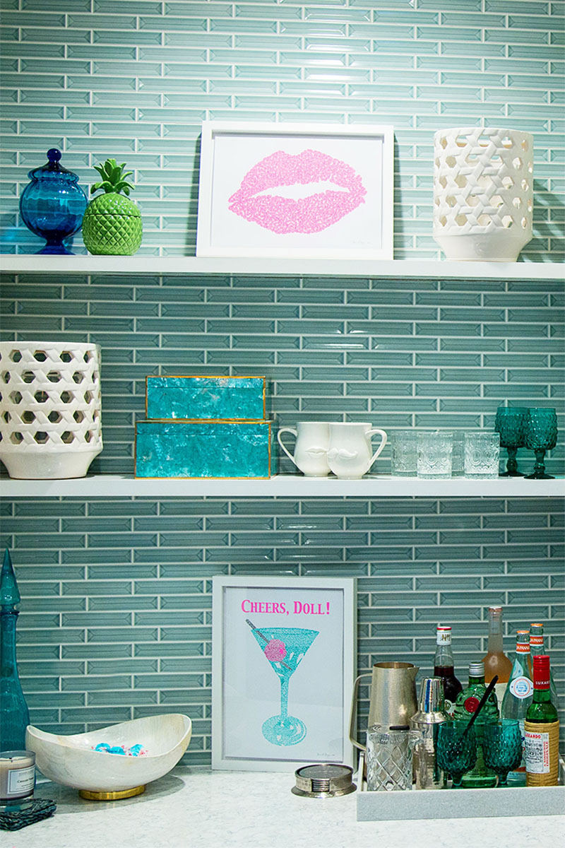 bric-a-brac, mugs, and frames on the open shelves for the bric-a-brac