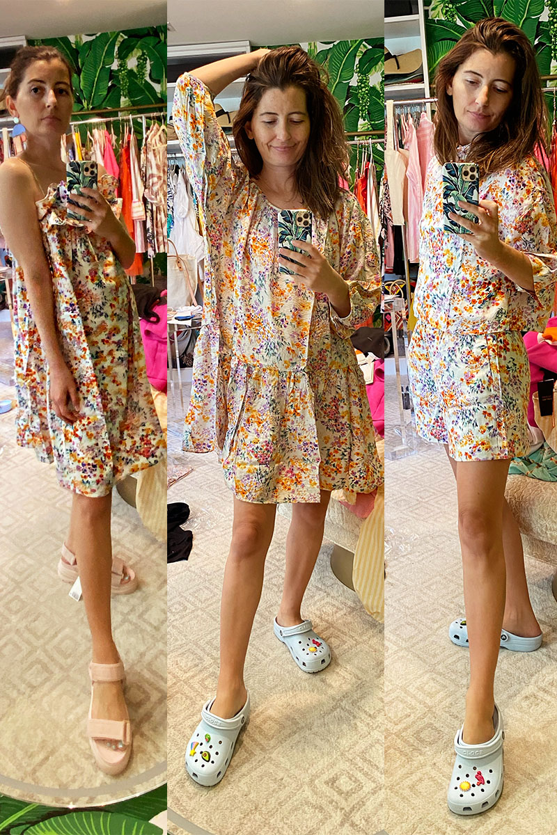 collage of images of woman trying on H&M Floral Dress to share hm what you should get