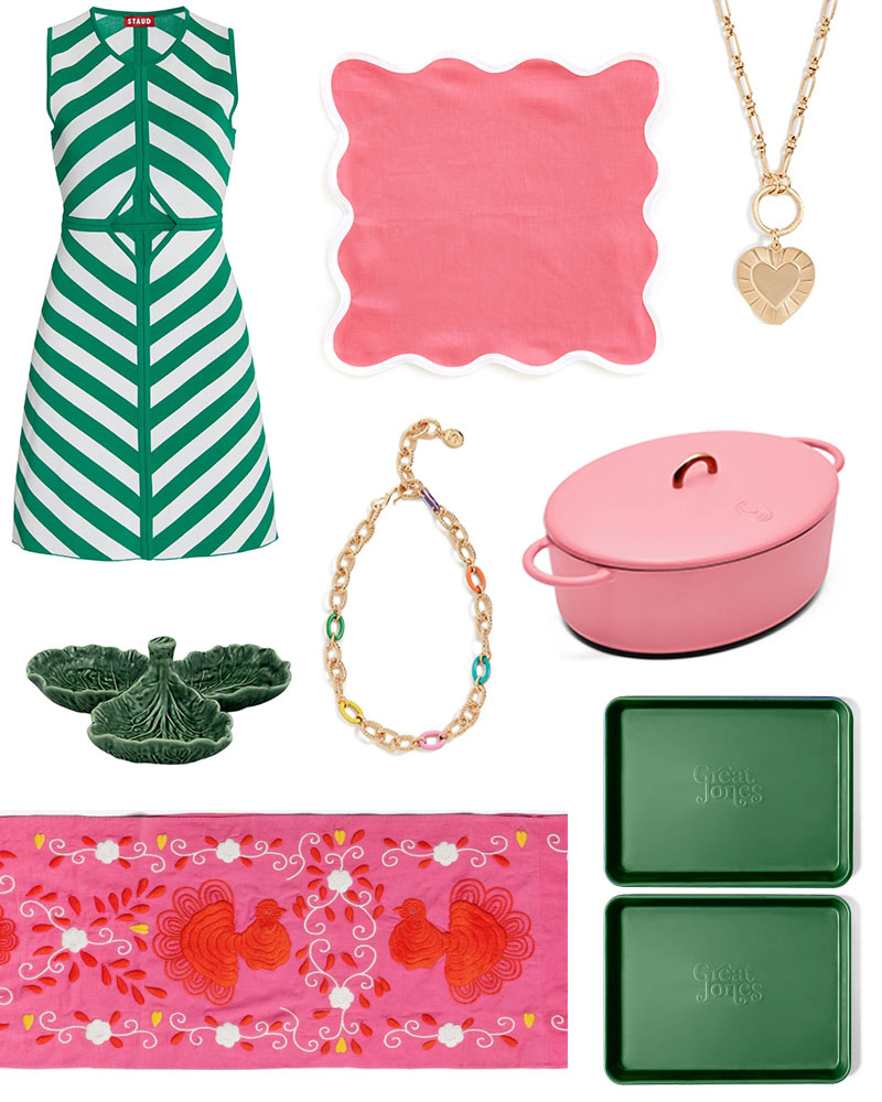 a collage of pink and green home decor
