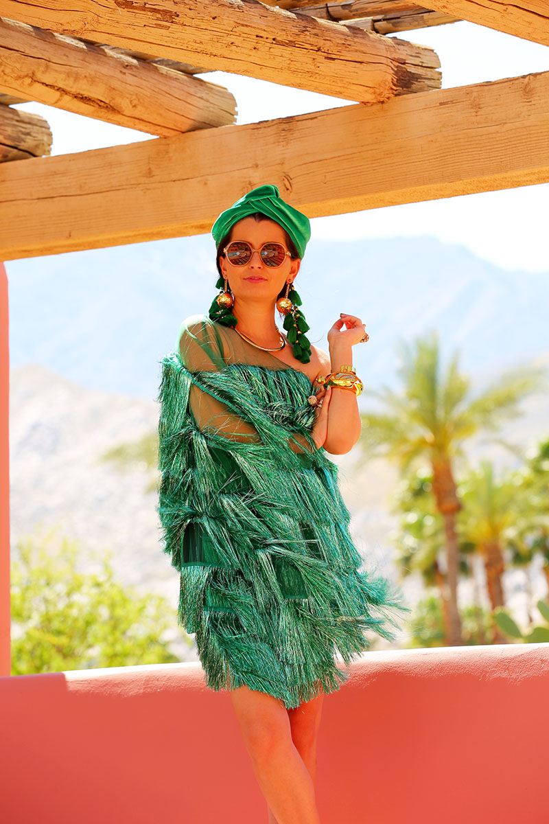 Green fringe kaftan outfit with matching turban and earrings