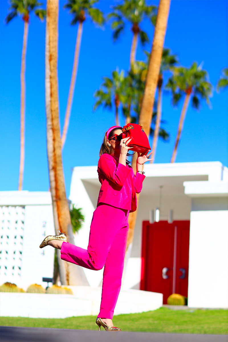 How To Style a Hot Pink Velvet Pant Suit