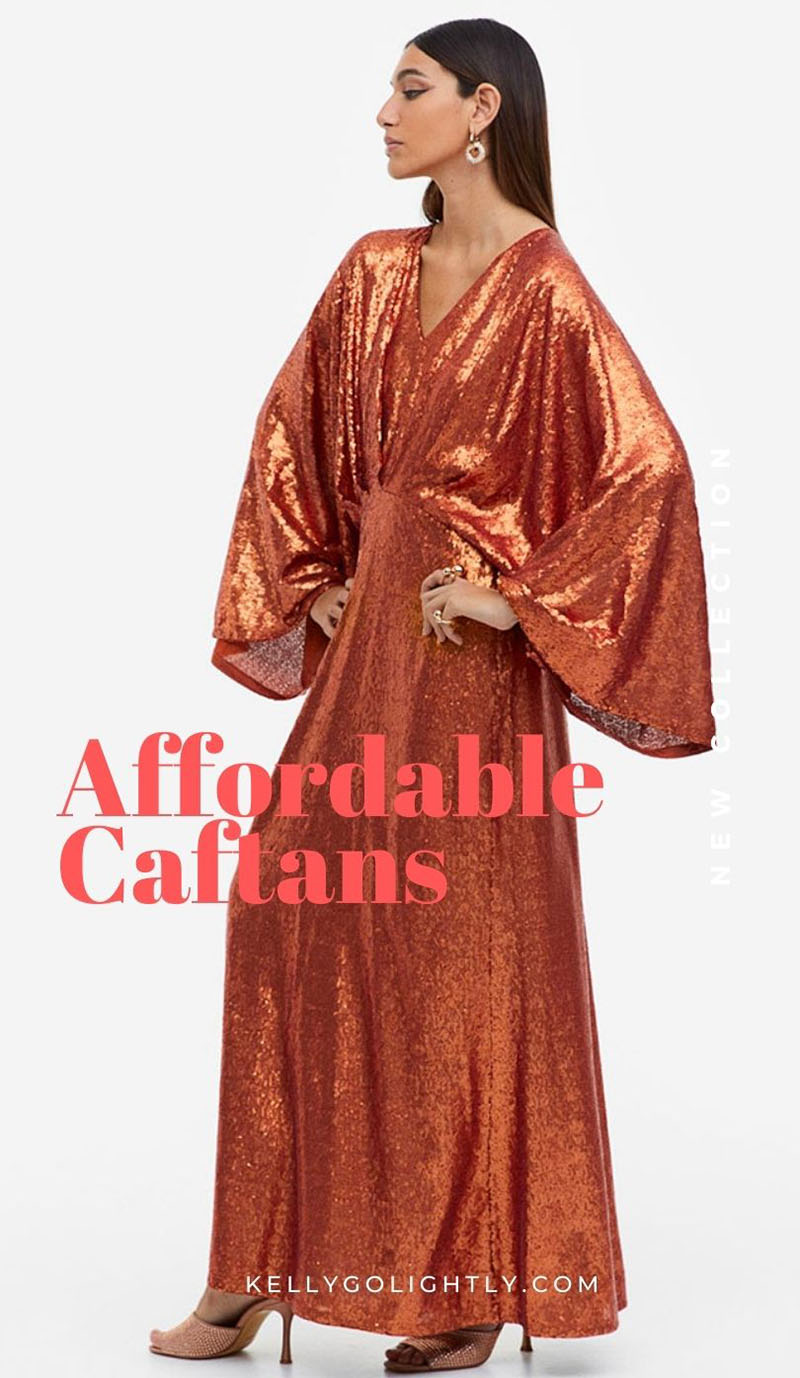 A woman wears a bronze sequin caftan that costs under $150.