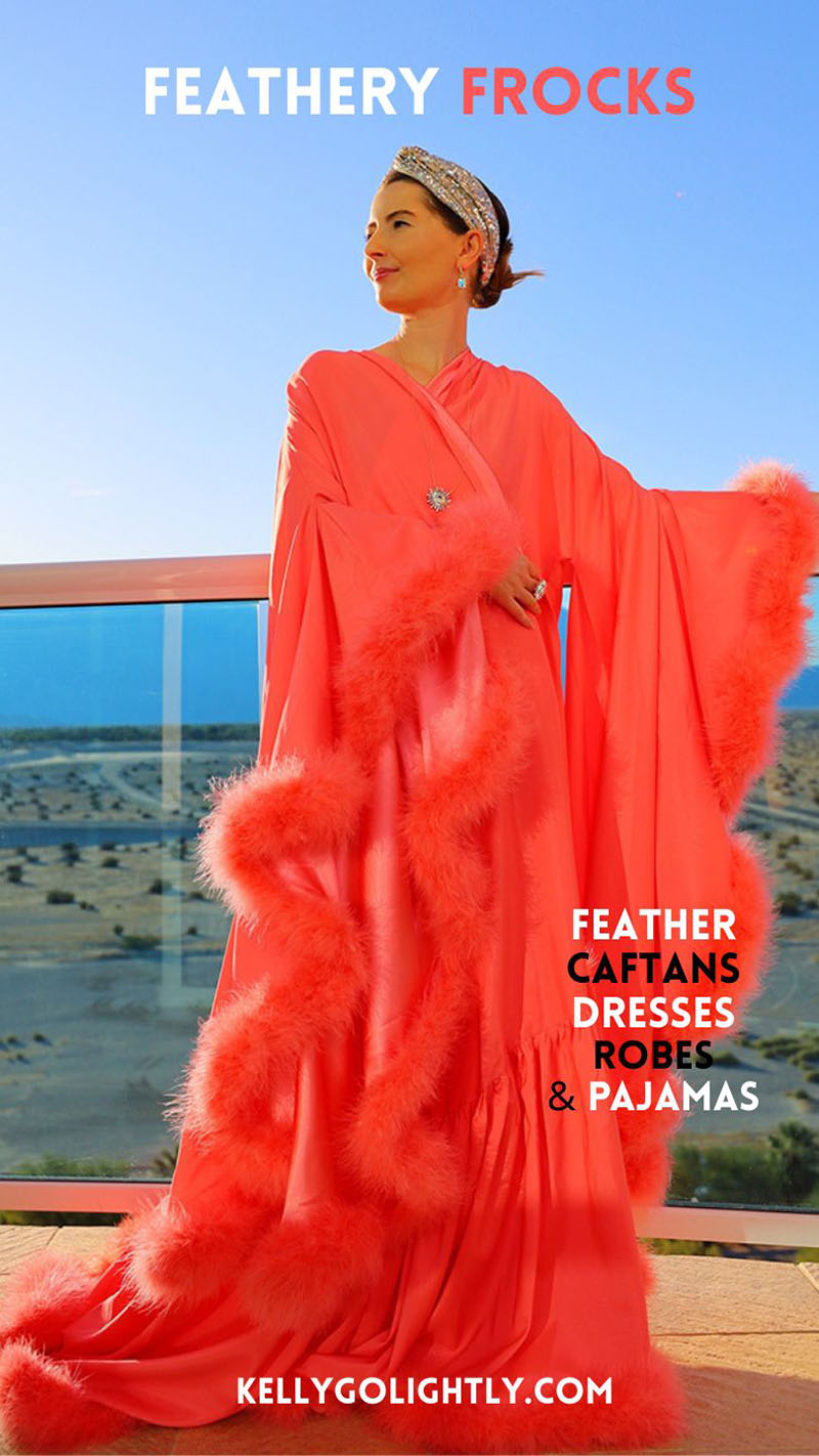 Top fashion blogger Kelly Golightly wears a bright coral-hued feather robe on a balcony in Palm Springs. 